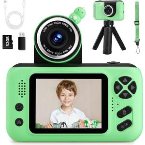 Kids Camera, Birthday Gifts for Boys and Girls Age 3-8,Video Recorder for Kids 8-12,Childrens Digital Camcorder for vlogging Portable Kids Selfie Camera with 32GB SD Card Green