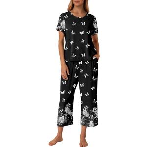 Ekouaer Women's Two Piece Lounge Set Short Sleeve Shirt and Capri Pants Mumu Pajama with Pockets Loungewear Pjs Sets (Floral Black/White) 2XL