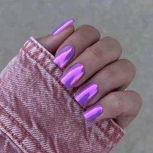 7 x Purple Press On Medium Square Chrome Aurora Glossy Artificial Solid Color Stick On Nails - 24Pcs