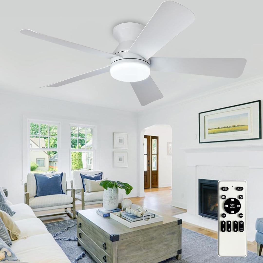 Depuley Modern Ceiling Fan with Light: 42-Inch White Small Fans for Bedroom Indoor Outdoor - Dimmable Low Profile Ceiling Fans with Remote Control Flush Mount 5 Reversible White Blades 6 Speeds Timer