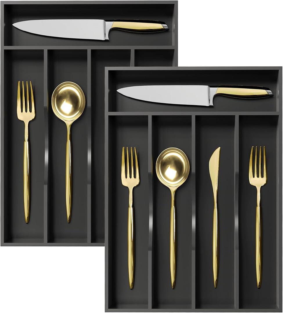 Greenual 2 Pack Black Silverware Organizer 10 In Utensil Organizer Silverware Tray for Drawer Cutlery Flatware Organizer for Kitchen Bamboo Wood