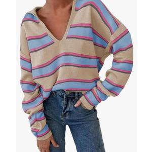 EVALESS Sweaters for Women Long Sleeve V Neck Striped Knit Drop Shoulder Fall Jumper 2025 Henley Pullover L