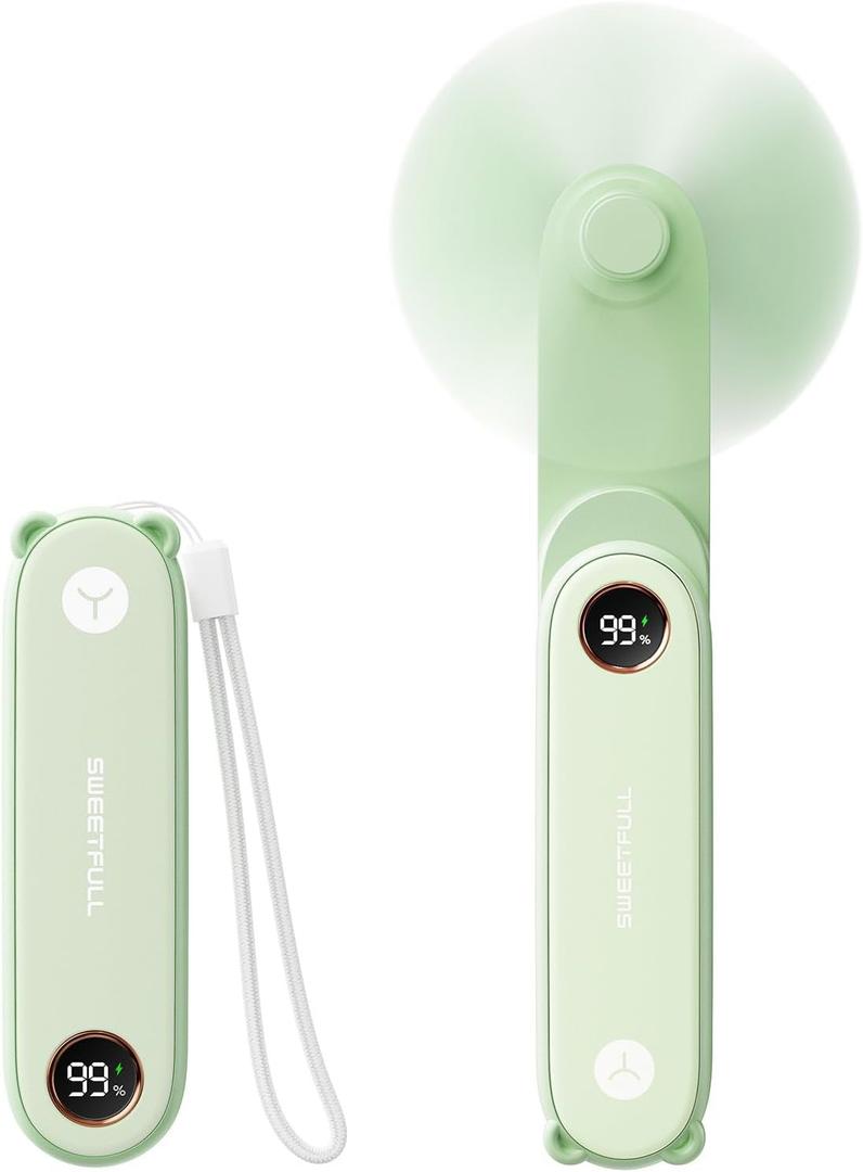 SWEETFULL Portable Handheld Mini Fan with LED Display, 3-in-1 Personal Foldable USB Rechargeable Hand Held Fan & Flashlight for Travel, Lash Eyelash, Cute Small Pocket for Women, Girls (Green)