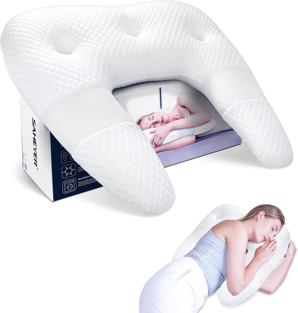 SAHEYER Side Sleeper Pillow, Body Pillow for Side Sleeper with U-Shaped, Contour Pillow Support for Neck, Back, and Shoulder Pain Relief (Upgraded Version), White