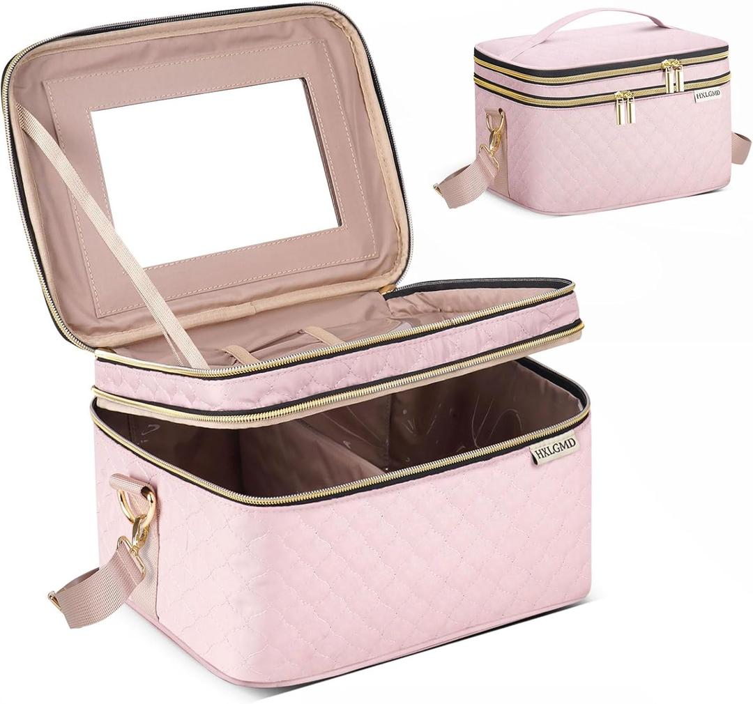 HXLGMD Double Layer Travel Makeup Bag Women, Cosmetic Organizer Case, Travel Essentials Accessories with Shoulder Strap for Bottles, Brushes, Conditioner, Skin Care Products, Pink