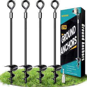 Ground Anchors, Heavy Duty Swing Set Anchors, Spiral Earth Anchor for Trampoline, Camping, Shed, Canopies, Metal Trampoline Anchor Resistant Strong Wind (4x27", Black)