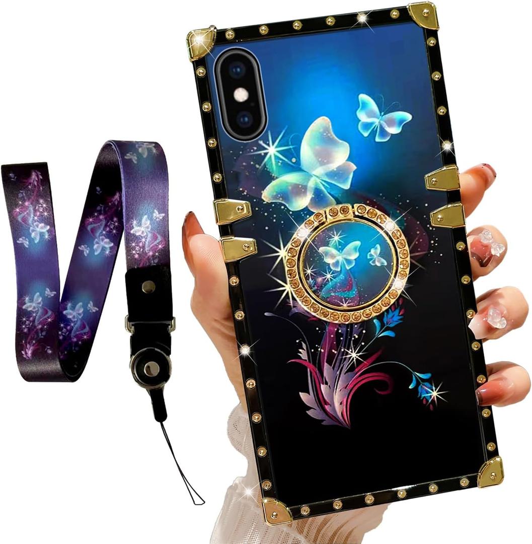 Compatible with iPhone Xs Max (6.5 inch) Phone Case with Ring Stand Fashion Pattern Hard PC Back&Soft TPU Shockproof Protection Cover (Butterfly Darkblue)
