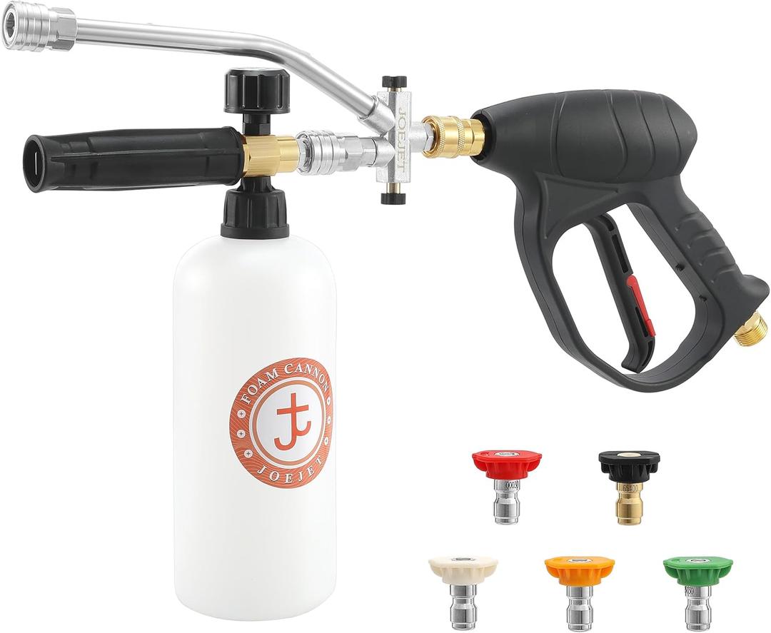 JOEJET Short Pressure Washer with Foam Cannon Dual Connector Accessory, Car Wash Foam with 1/4 Inch Quick Connector, 5 Pressure Washer Nozzle Tips, 1 Liter