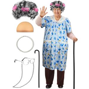 Jiuguva 7 Pcs Old Lady Costume for Kids Girls, 100th Days of School Costume for Kids Granny Nightgown Wig Cane Grandma Dress (Small)