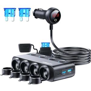 Cigarette Lighter Splitter 216W 4 Socket Car Cigarette Lighter Adapter Heavy Duty Truck Car USB Charger Multi Port USB C 12V/24V Independent Switches & Dust Cover & Waterproof for Car Devices