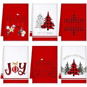 Geyoga 6 Pcs Merry Christmas Kitchen Towels Buffalo Plaid Xmas Tree Dish Towels Hand Towel Tea Towel Absorbent Soft Drying Cloth for Holiday Housewarming Gifts, 16x24 Inch (Red White)