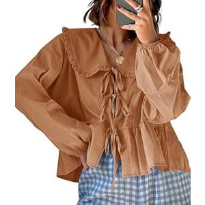 Tankaneo Womens Tie Front Tops Casual Babydoll Long Sleeve Blouses Peplum Cotton Bow Shirts Brown, Sm