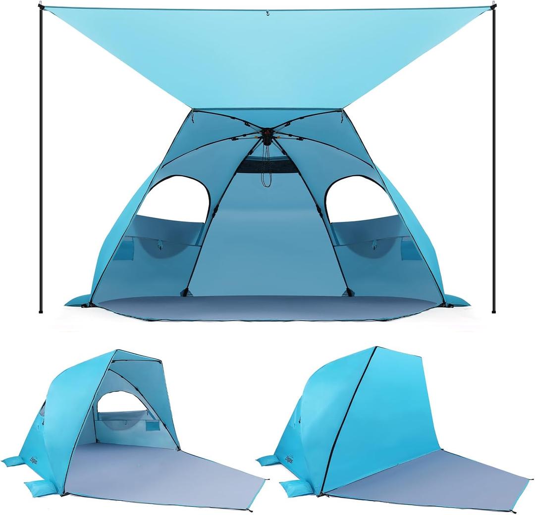 Elegear CumbreX Beach Tent with Canopy 4-6 Person, 1-Second Umbrella-Style Setup Pop Up Sun Shelter Shade, UPF 50+ UV Protection Four-Layer Silver-Coated Lightweight Portable Beach Cabana - Aqua Blue
