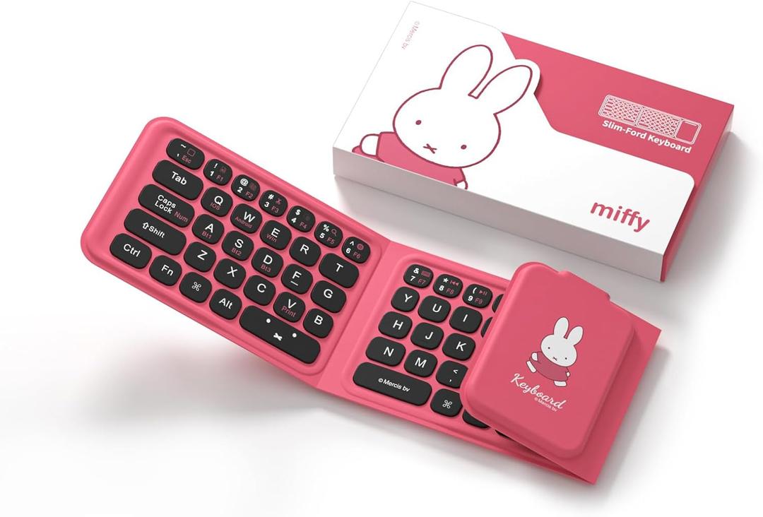 Miffy Triple-Fold Bluetooth Keyboard - Magnetic Fold Design with Integrated Touchpad & Numeric Keypad, Bluetooth 5.0 (3 Devices), Rechargeable 5.6mm Slim, Premium Leather - Pink