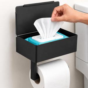 Toilet Paper Holder with Storage, Wall Mount Toilet Paper Holder with Shelf, Flushable Wipes Dispenser, Sanitary Napkin Receptacle, Matte Black Stainless Steel for Bathroom Commercial