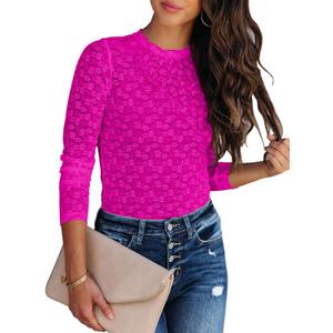 Lace Undershirt for Women Mesh Long Sleeve Floral Crochet Tops Sheer Layering Blouse Western Cowgirl Concert Outfits (Pink, S)