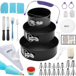 Complete 179PCS Springform Round Cake Pans Set for Baking and Cake Decorating, including 16 Piping tips,65Baking Cups,30Parchment paper liners,spatulas,4''+7'' +9''Cake Pans
