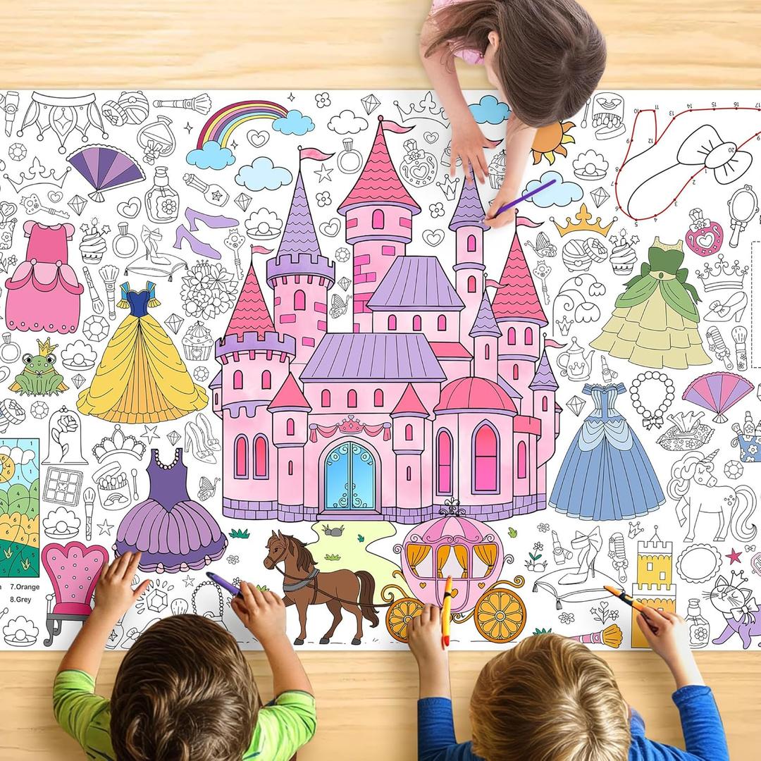 Princess Coloring Tablecloth for Kids, Giant 30x72 Inch Poster with Castles, Crowns, Fairy Tale Icons, Perfect for Girls Princess Party Games, Royal Decorations, Celebration Supplies