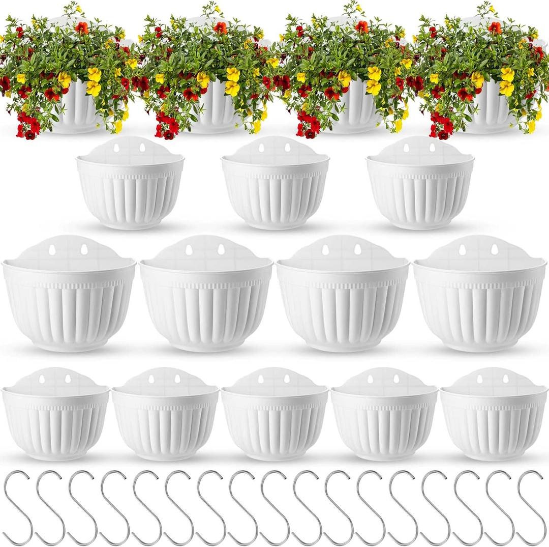 Zubebe 16 Pcs Resin Wall Hanging Planters White Hanging Flower Pots with Drainage Hole Fence Planters for Indoor Outdoor Plant Balcony Railing Decor, (8.07 x 6.69 x 4.92'', 9.65 x 8.27 x 5.91'')