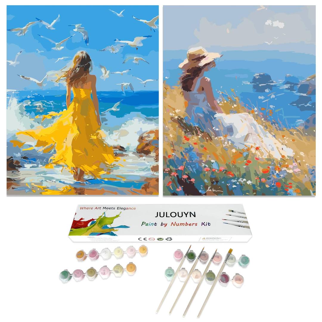 JULOUYN 2 Pack Paint by Numbers Kit for Adults Beginner, Girl Seascape DIY Canvas Art Kit for Relaxation 16x20 in
