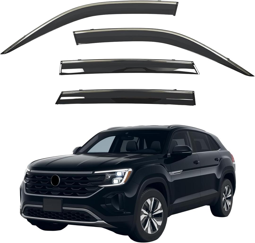 Window Visors Rain Guards fits 2018-2026 VW Atlas Cross Sport with Stainless Steel Trim, Out-Channel Side Window Wind Deflectors Vent Shades Accessories, 2019 2020 2021 2022 2023 2024 2025
