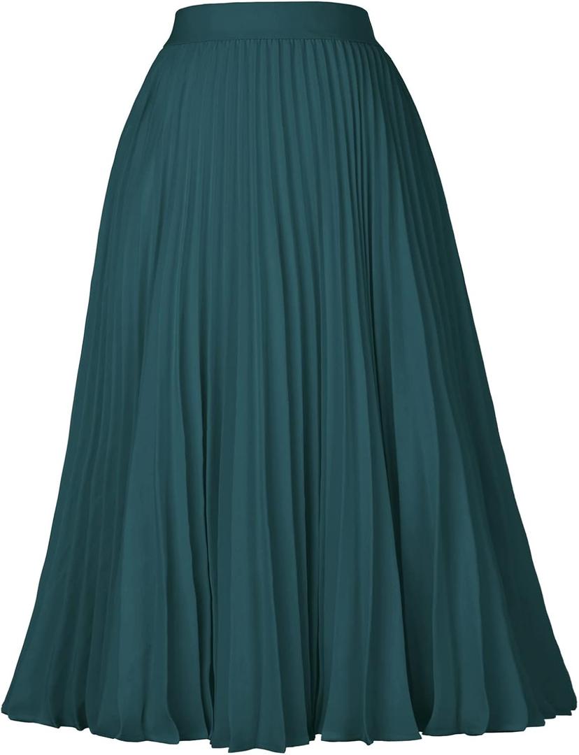 GRACE KARIN Pleated Midi Skirt for Women,Summer Chiffon Elastic High Waist Knee Length Skirts, Swing A-Line Boho Outfits, Size L (Blue Green)