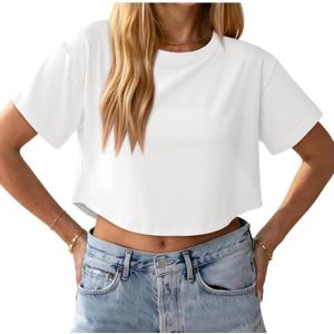 Crop Tops for Women Short Sleeves T Shirts Casual Crewneck Curved Hem Loose Fit Summer Basic Tees 2026 (White, L)