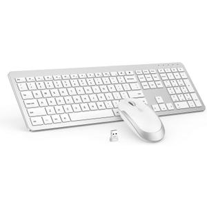 Wireless Keyboard and Mouse Combo - Full Size Slim Thin Wireless Keyboard Mouse with Numeric Keypad 2.4G Stable Connection Adjustable DPI (White & Silver) (Silver and White)