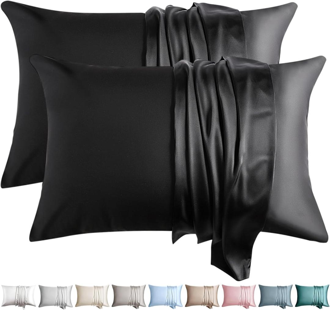 100% Silk Pillow Cases 2 Pack Standard Size Mulberry Silk Pillowcase for Hair and Skin Set of 2 Highest Grade 6A Silk Soft Breathable Cooling with Hidden Zipper, Black