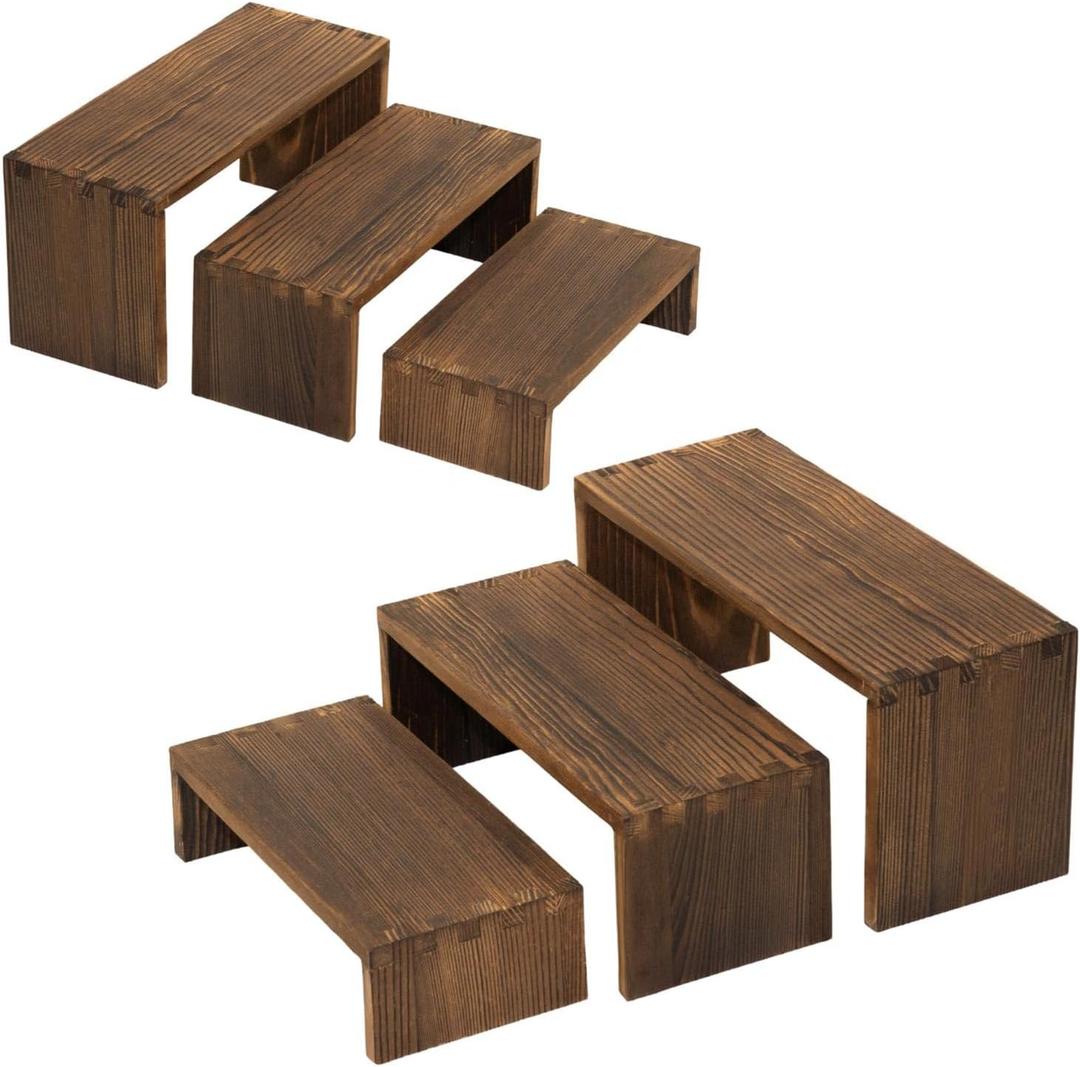 3-Tier Wood Display Riser 2 Set, Tiered Display Stand for Food, Kitchen, Desk & Party - Solid Pine Wooden Shelf & Organizer for Plants, Collectibles, Office (9.5/8.5/7.5 In) (Carbonized)