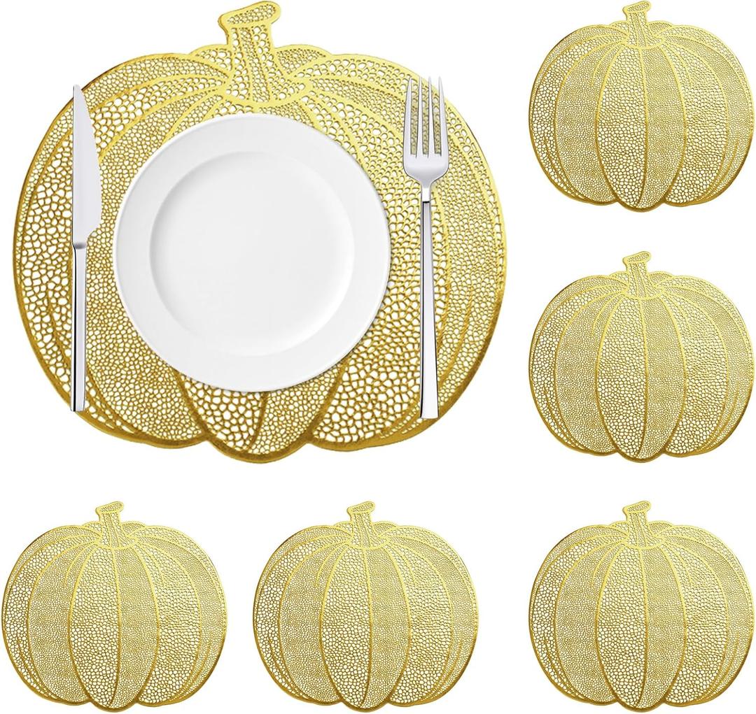 Pumpkin Placemats Set of 6, Gold Harvest Placemats Fall Thanksgiving Placemats Table Mats for Thanksgiving,Halloween and Party Table Decorations 15X15inch