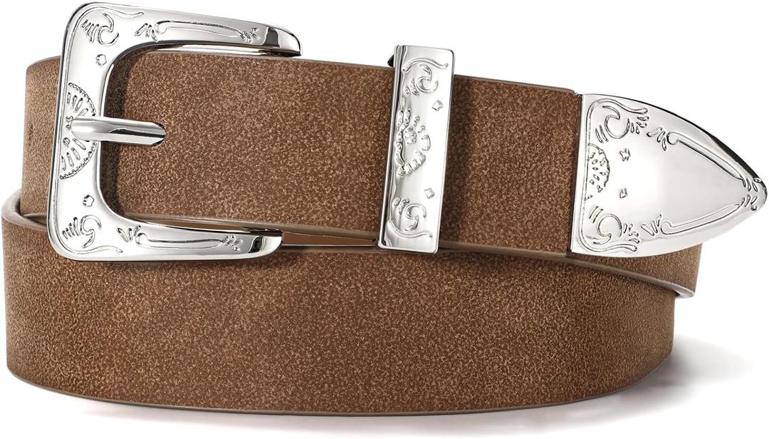 XZQTIVE Western Belt for Women, Cowgirl Cowboy Suede Belt for Jeans Pants, Vintage Belts with Silver Buckle, Country Style
