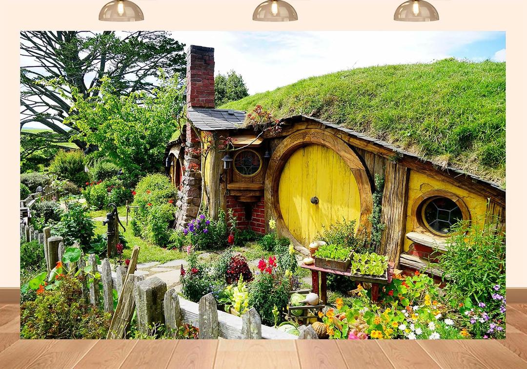 7x5ft Fabric Hobbiton Cave Backdrop New Zealand Hobbiton Log Cabin Photography Background Yellow Wooden Door Green Grass Flowers Fence for Birthday Party Decor