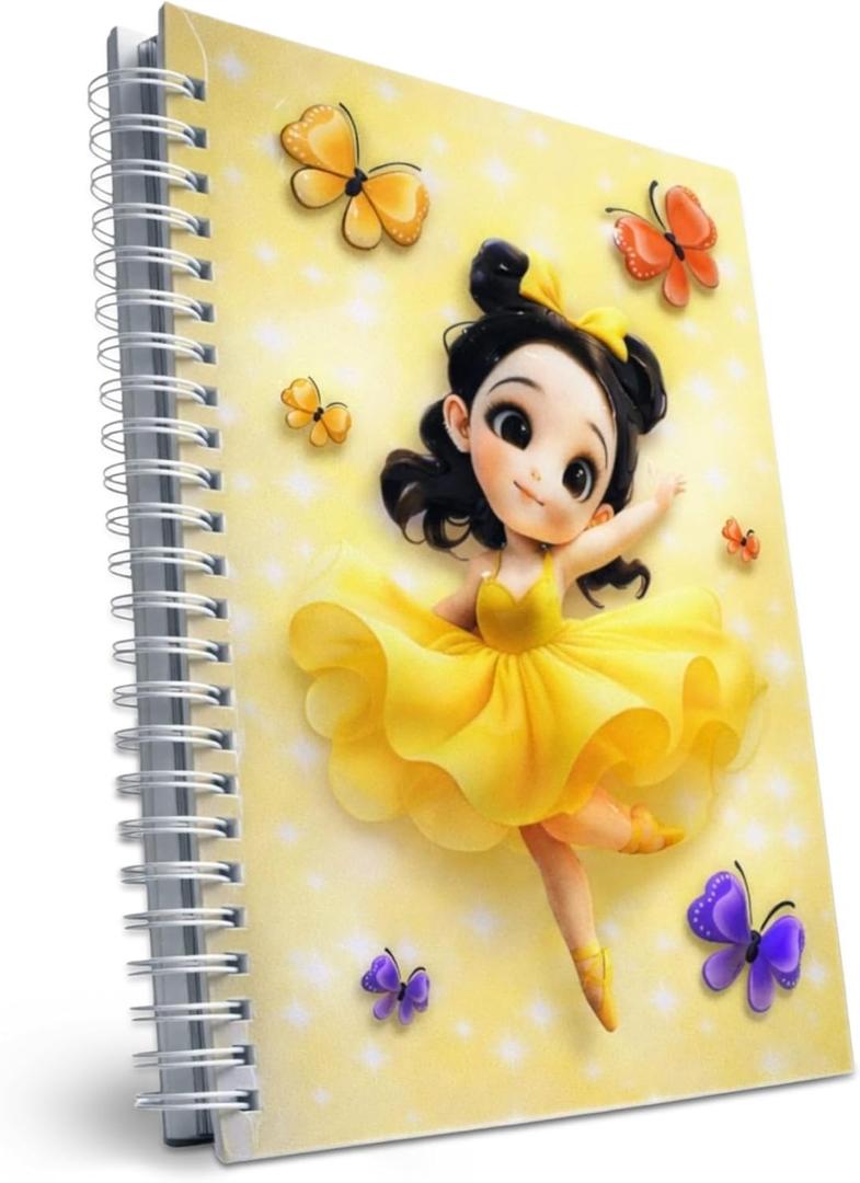 A5 3D Glossy Cover Spiral Notebook  Cute Hardcover Notebook with 160 Pages/80 Sheets  Kids School Notebook  Gift Notebook for Girls & Boys  Butterfly Ballerina