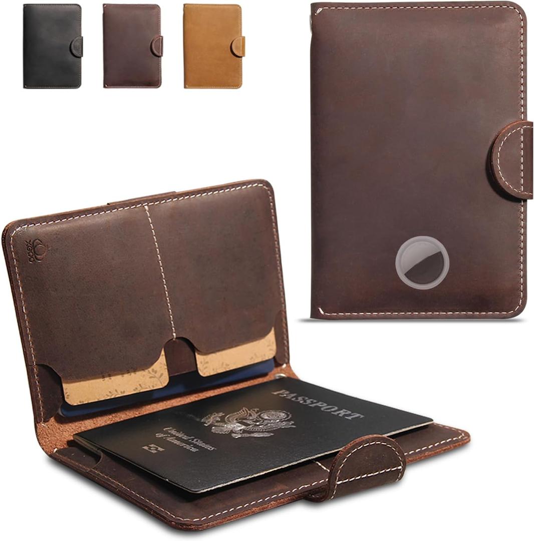 RFID Passport Holder for Travel with Airtag Slot(Hidden) - Genuine Leather Passport Wallet for 2 Passports, Large Capacity Passport Cover for Men & Women, Family & Couples, Christmas Gift