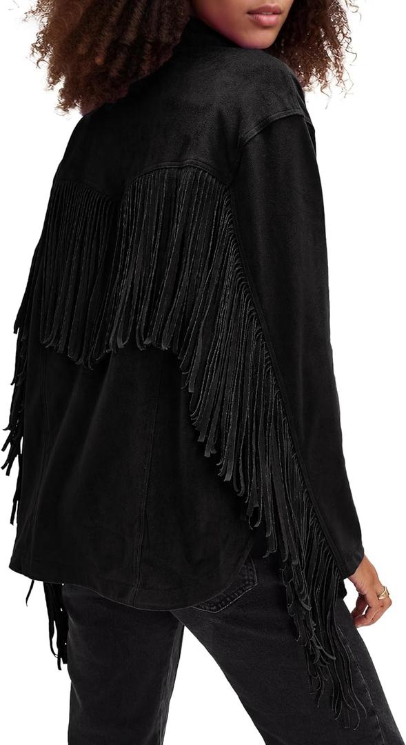 Locachy Women's Faux Suede Fringe Jacket Vintage Western Cowgirl Tassel Jackets Country Concert Outfits (Large, Black)