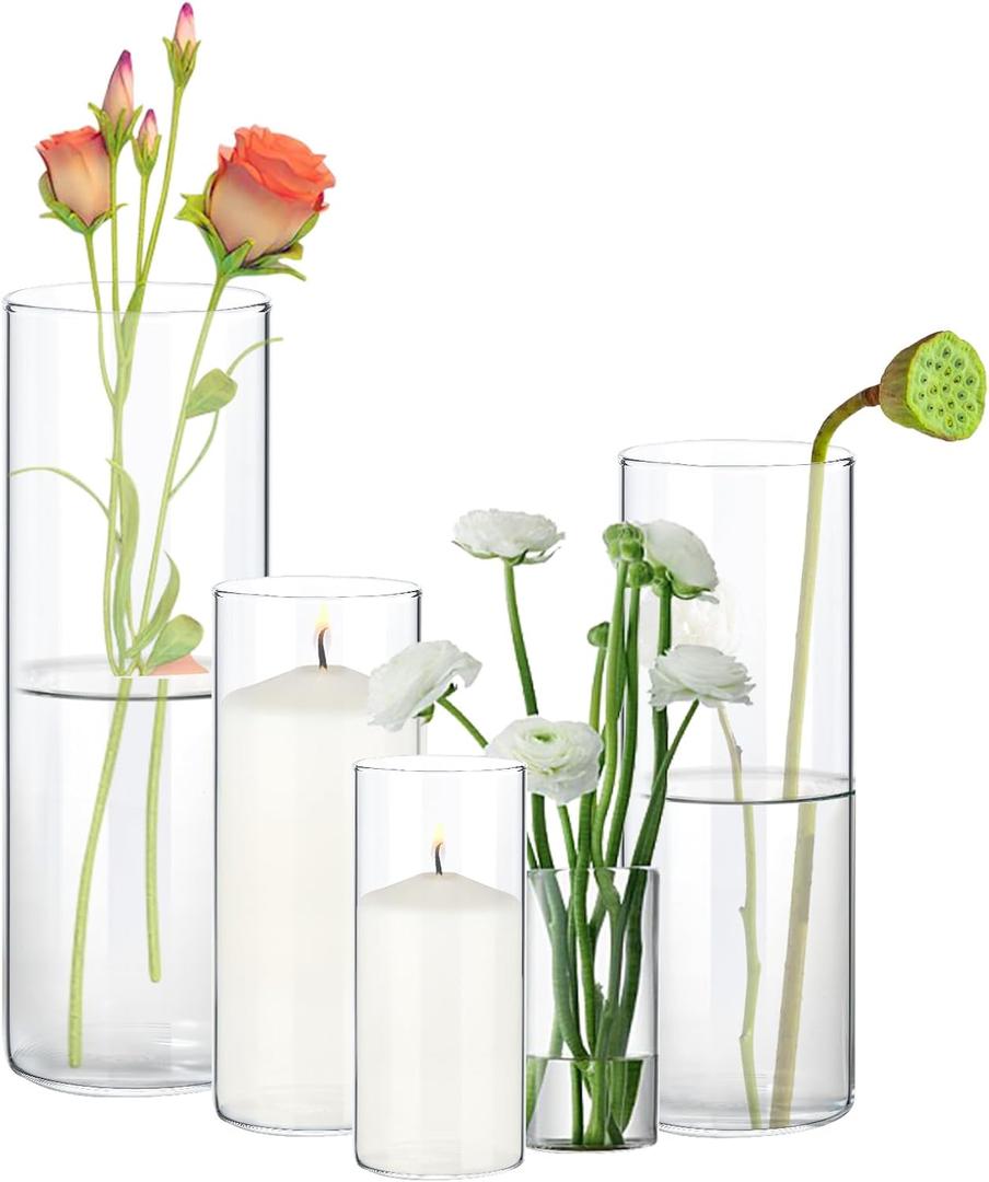 5 Pack Cylinder Vases Set, Clear Glass Vases for Centerpieces, 4,6,8,10,12 Inch Tall Flower Vase for Home Decor, Flower Vase for Table Decorative & Hurricane Floating Candle Holders (5Pack)