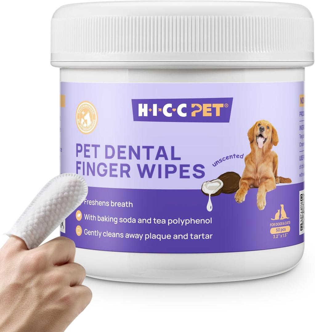 HICC Pet Teeth Cleaning Wipes for Dogs & Cats, Vet-Recommended Remove Bad Breath & Plaque & Tartar Buildup Dog Finger Toothbrush Wipes, Dog Tooth Brushing Kit Remove Stain & Gum Care for Small Animal (50 Count (Pack of 1))