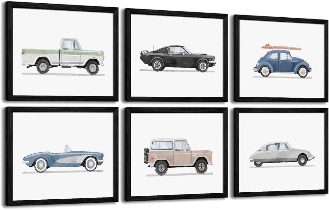 Blue Car Wall Art Decor Boys Room Wall Art Vintage Cars Canvas Poster Pictures Toddler Kids Room Prints Watercolor Vehicle Artwork Painting for Boys Bedroom Nursery 8x10 Inch Black Framed Set of 6