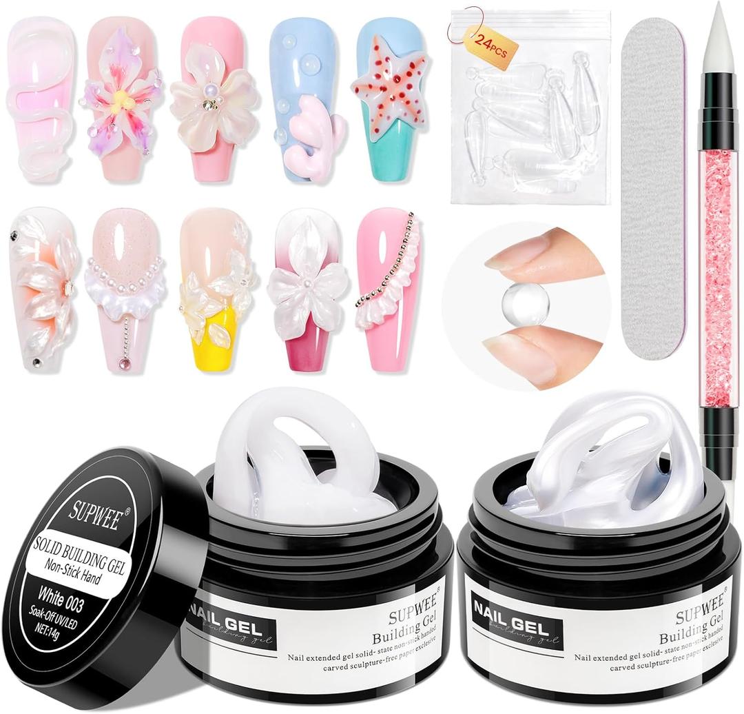 3D Sculpting Gel for Nail Art Chrome Powder No Wipe , Clear Semi-solid Modeling Carving Structure Nail Gel Suitable for Sticking Rhinestones and Painting,White 003, 015