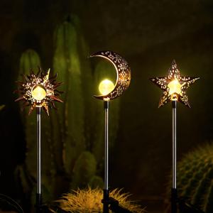 Solar Garden Stake Lights, Moon Sun Star Yard Decorations Outdoor 3 Pack Solar Garden Decor for Lawn, Pathway, Flower Bed, Memorial Garden, Patio Outdoor Gifts for Mom, Loved Ones