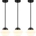 Set of 3 Schoolhouse Pendant Light, 8" Farmhouse Black Pendant Light Ceiling, Milk Glass Lamp, Modern Black Kitchen Over Island for Dinning Room Living Room