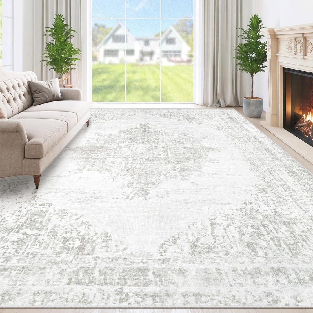 Area Rug 8x10 Washable Rugs: Large Living Room Rug Vintage Medallion Rugs Low Pile Distressed Indoor Retro Carpet for Bedroom Kitchen Dining Room Home Office (Grey, 8' x 10')