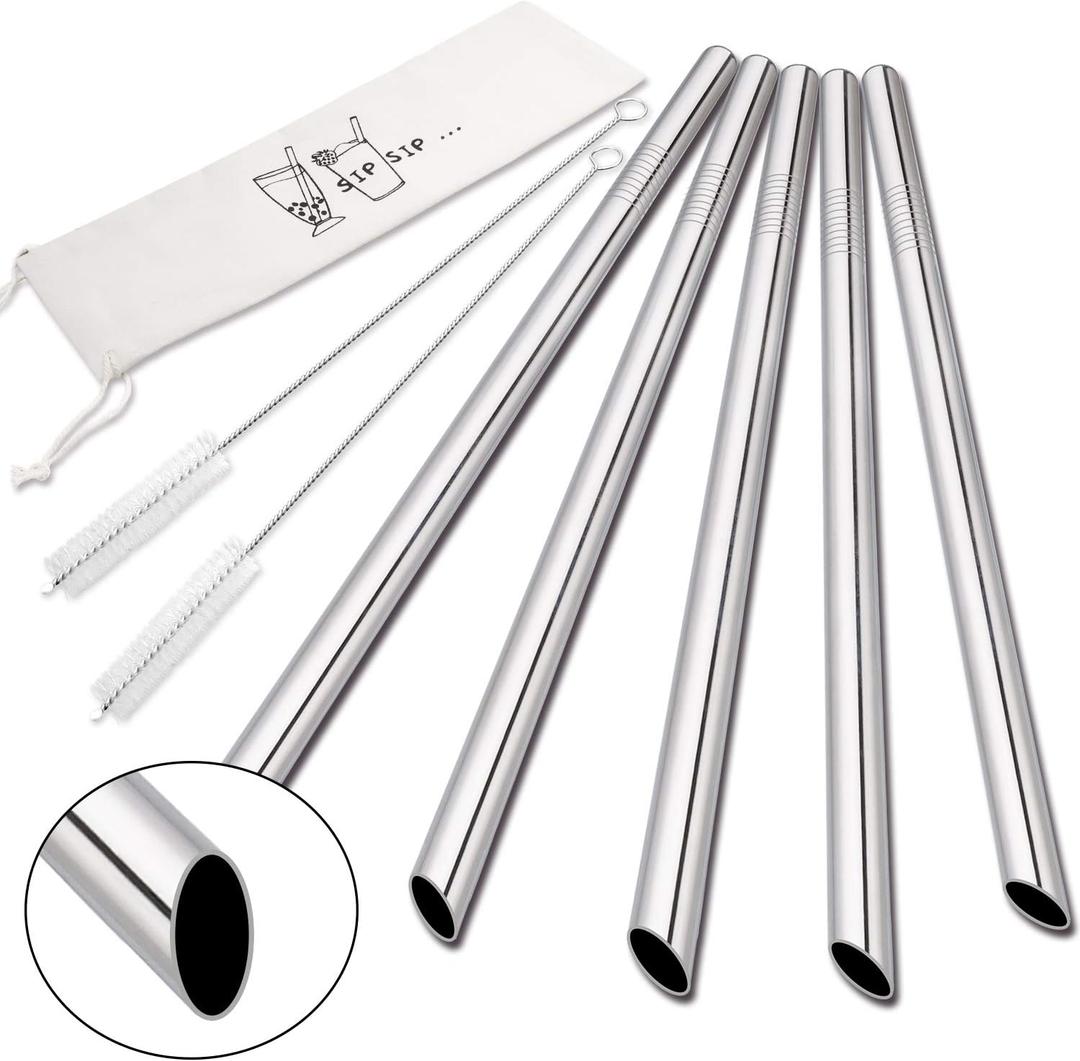 [Angled Tips] 5 Pcs 10" Reusable Bubble Tea Straws & Smoothie Straws, 0.5" Wide Stainless Steel Straw, Metal Straw for Boba, Tapioca Pearl, Milkshakes, Jumbo Drinks | 2 Cleaning Brushes