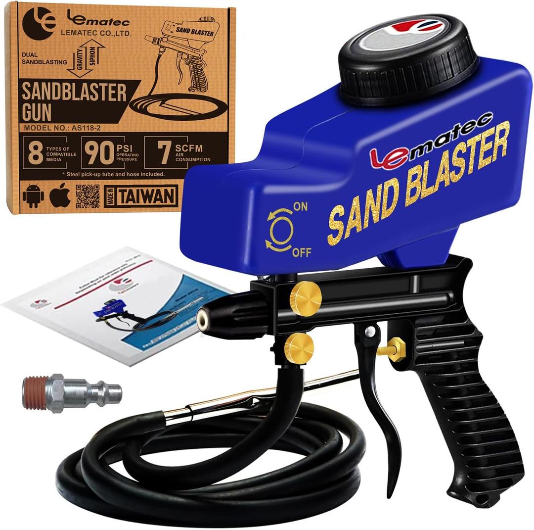 LE LEMATEC Portable Sandblaster Gun Kit, Air Compressor Sand Blaster, Paint & Rust Remover, Abrasive Media & Soda Blaster for Metal, Wood, Automotive & DIY Surface Prep, AS118-2C