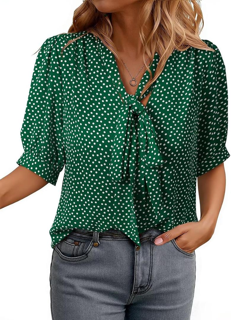 Dokotoo Blouses for Women Dressy Casual Short Sleeve Shirts Bow Tie Neck Work Tops Business Casual Outfits, M