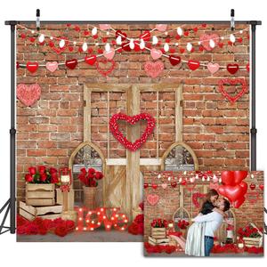 Lofaris Happy Valentine's Mothers Day Backdrops Brick Wall Wood Door and Red Rose Flower Love Heart Lights Background Birthday Baby Shower Party Decor Portrait Photo Booth Props 10x10ft