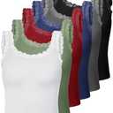6 Pieces Lace Camisole Tank Tops Lace Trim Camisole Straps Womens Cami Undershirt Ribbed Tank Tops for Women(L Size,Black, Dark Gray, Navy Blue, Wine Red, Military Green, White)