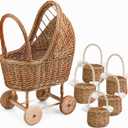 21.85-Inch Wicker Baby Carriage, 6-Piece Flower Basket Display Set