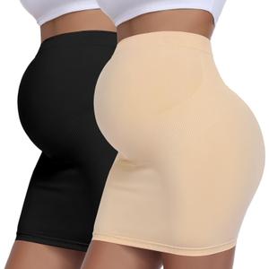 Women's Maternity Pencil Skirt Over Belly, High Waisted Solid Stretchy Pregnancy Shapewear Dress Bump Support 2-Pack